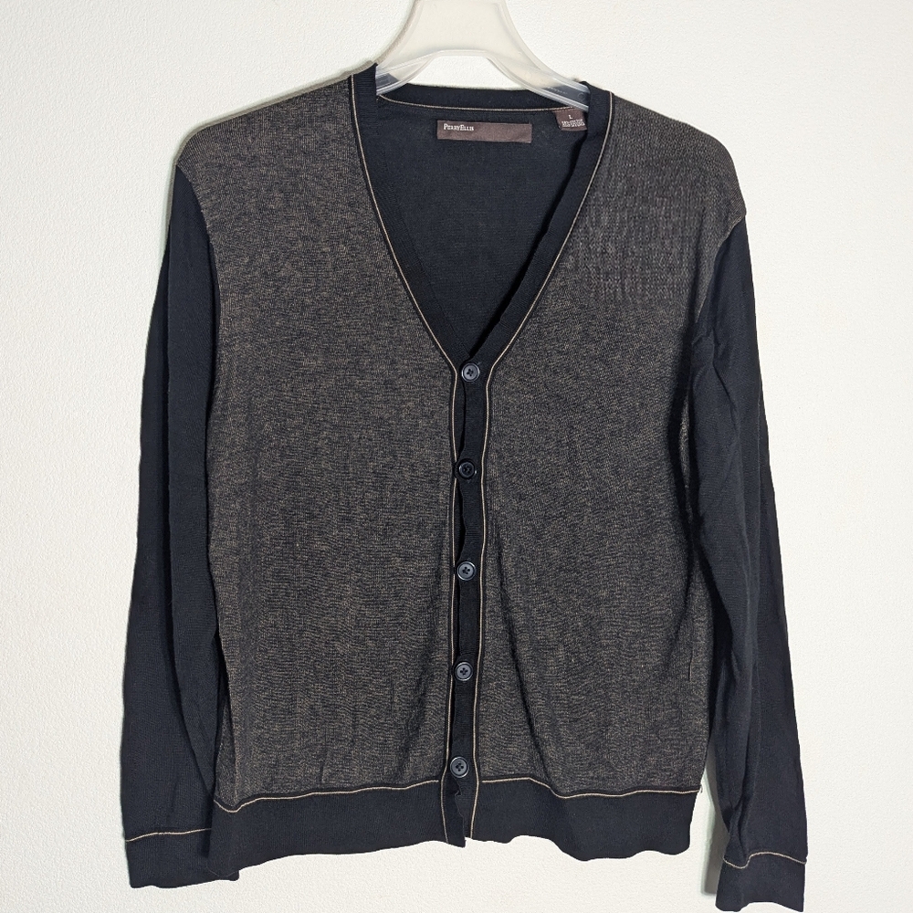 Perry Ellis Mens Cardigan Sweater Lightweight Rogers Cosby Nerdy Professor Large